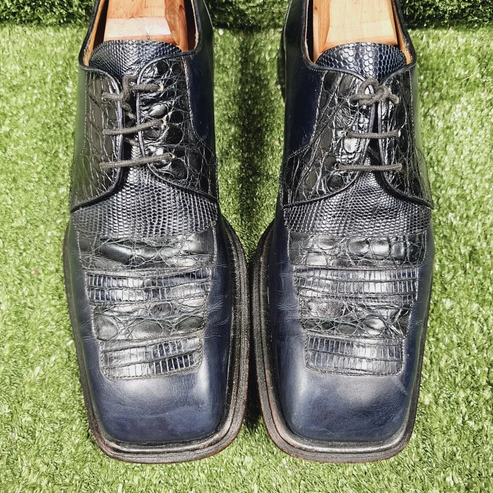 Mezlan Navy Blue Crocodile Leather Square Toe Oxford Dress Shoes Mens Size 9.5